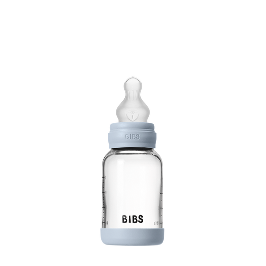 Coffret biberon en verre et silicone 120 ml - Bleu bébé