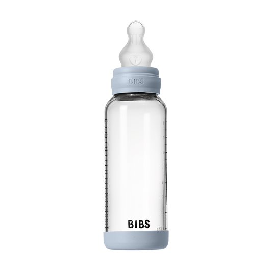 Coffret biberon en verre 240 ml en silicone - Bleu bébé
